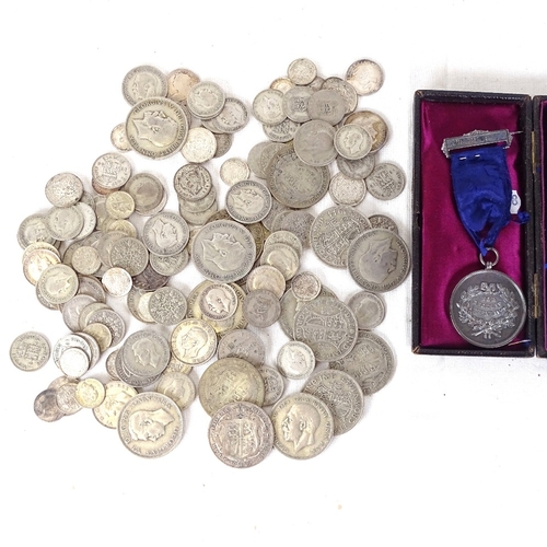 159 - Various British pre-decimal coins, and a silver Attendance medal