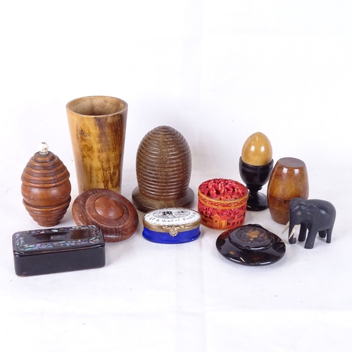 166 - Various boxes and carvings, including red stained ivory box, barrel-shaped nutmeg grater, beehive-sh... 