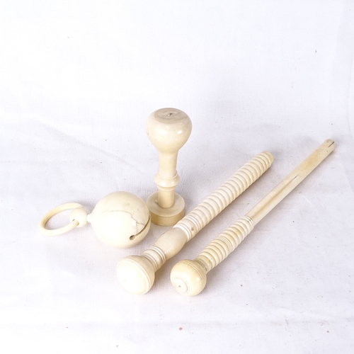 171 - Various ivory carvings, including large desk seal, parasol handles, and baby's rattle, seal length 1... 