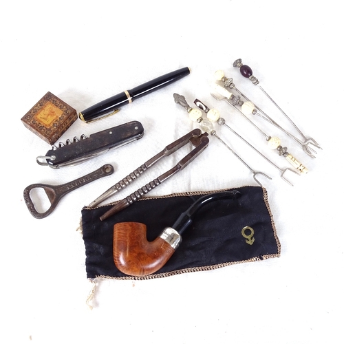 174 - Various collectables, including Tunbridge Ware stamp box, sterling silver-mounted Peterson's pipe, P... 