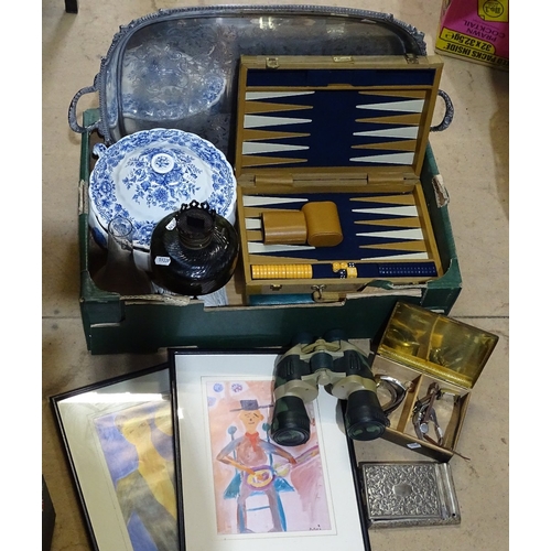 179 - Harrods travelling game box, large silver plated tray, wristwatches, green glass oil lamp etc