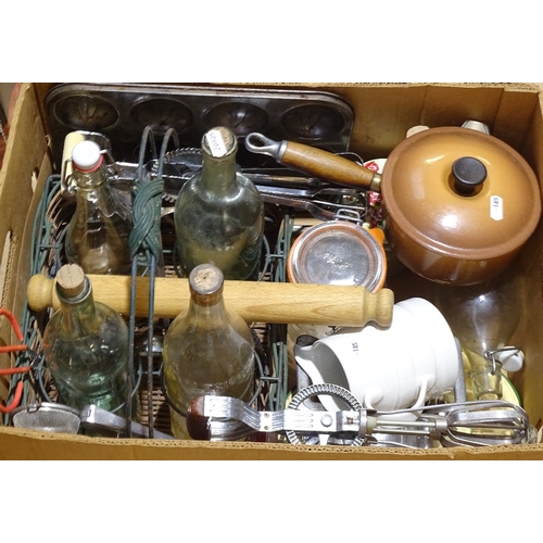 185 - Various kitchenalia, including Le Creuset pan, large wicker bottle carrier etc