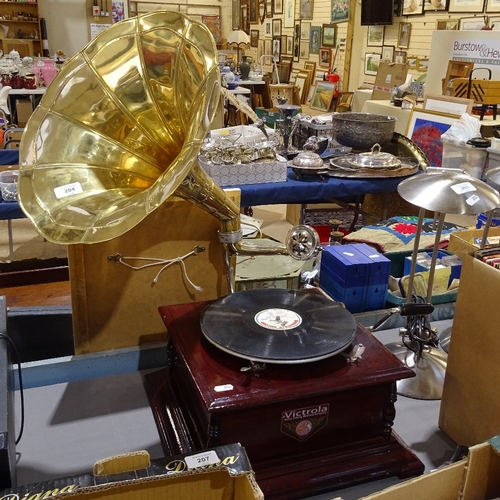 204 - A contemporary Victrola wind-up gramophone with brass horn, base length 38cm