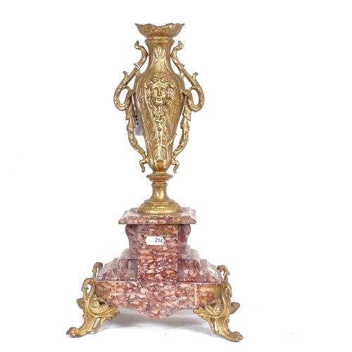 214 - An Art Nouveau gilt-brass and veined red marble urn, on scrolled acanthus feet, overall height 44cm