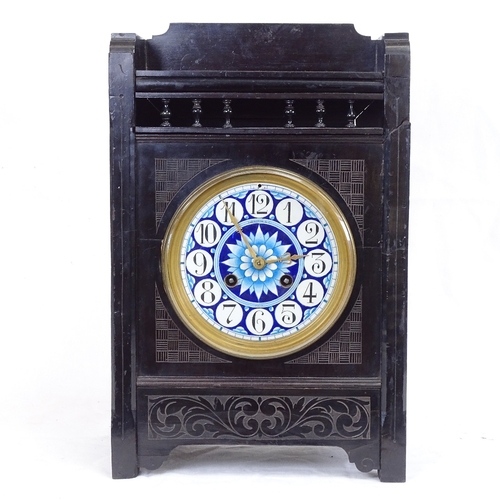 222 - An English Aesthetic Movement Elkington & Co ebony and pottery 8-day mantel clock, blue glazed dial ... 