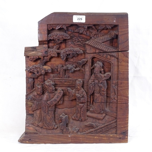 229 - An Antique Chinese relief carved and stained wood Suzou temple, height 42cm