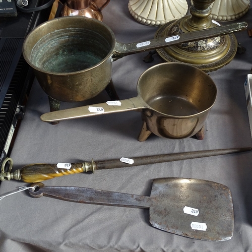 249 - A Vintage butcher's double-sided cleaver, a Roworth horn-handled steel, and 2 early bronze tripod sk... 