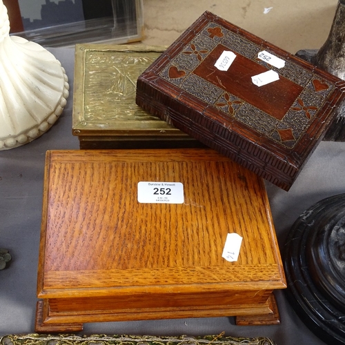 252 - Brass-bound wood box, stained wood playing card box, and a musical State Express Cigarettes box, lar... 