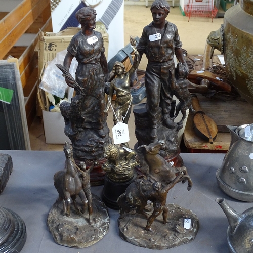 256 - Various patinated spelter sculptures and figures, including Marley horses, largest height 40cm (5)