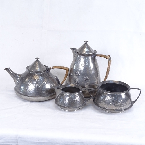 258 - A Liberty and Co. Tudric  Arts and Crafts 4-piece English pewter tea and coffee set, by Archibald Kn... 