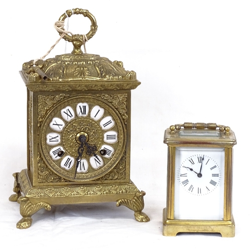 267 - A French cast-brass mantel clock, and a brass-cased carriage clock, largest height 24cm (2)