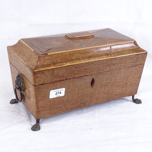 274 - A Georgian rectangular mahogany tea caddy, lion mask handles with paw feet, length 32cm