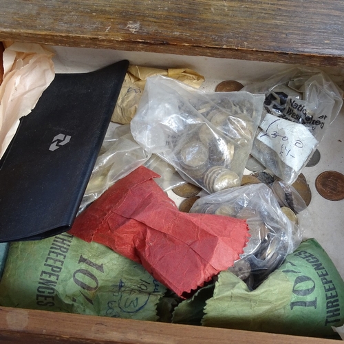 275 - An engineer's table-top oak chest of drawers, containing various British pre-decimal coins, chest he... 