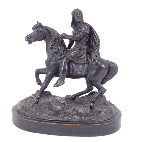 278 - A patinated spelter sculpture of a knight on horseback, on wood plinth, overall height 20cm