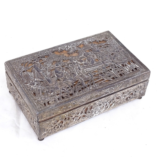 281 - An Oriental silver plated rectangular cigarette box, relief and pierced lake and floral lid, unmarke... 