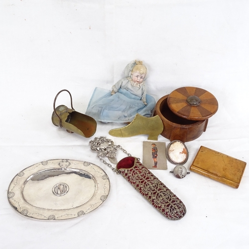 283 - Various collectables, including trench art shoe, silver plated spectacle case with buckle, silver-fr... 