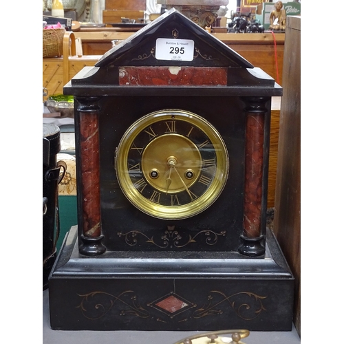 295 - A slate and veined red marble architectural 8-day mantel clock, no key or pendulum, height 34cm