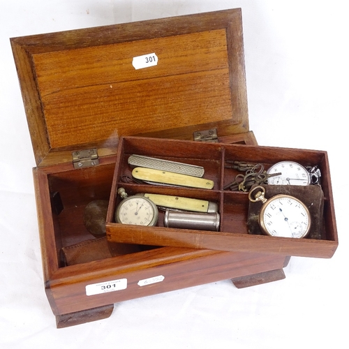 301 - A rectangular hardwood jewel box, containing gold plated Waltham pocket watch, penknives, Baron's pi... 