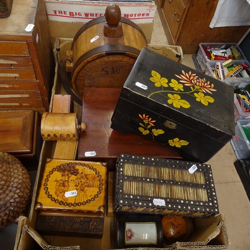 303 - A mahogany folding writing slope, porcupine quill box, carved boxes etc