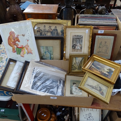 323 - A quantity of coloured engravings, prints and frames