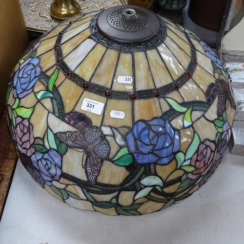 331 - A large Tiffany style leadlight ceiling lightshade, rose and butterfly decoration, diameter 50cm