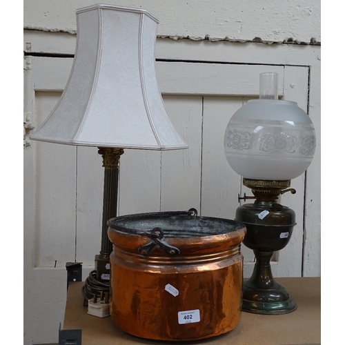 402 - A plated Corinthian column table lamp, a Veritas oil lamp, and a copper coal bucket (3)