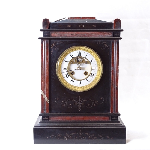 63 - A 19th century red marble and slate-cased 8-day mantel clock, white enamel dial with gilt-metal cove... 