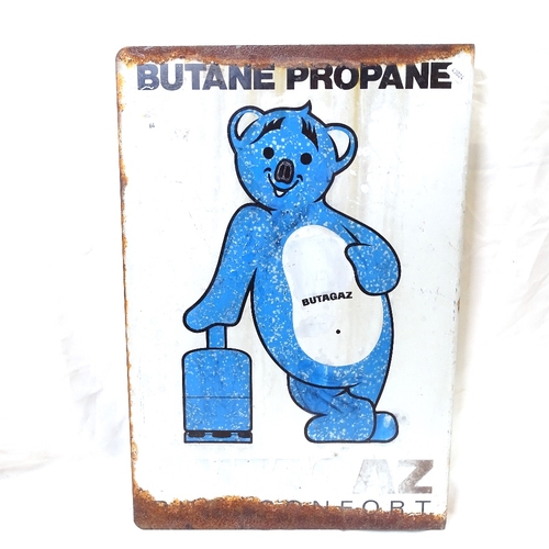 64 - A French Vintage Butagaz Butane and Propane blue and white enamel double-sided advertising sign, hei... 