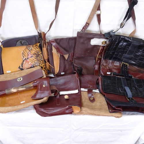 106 - A quantity of various handmade messenger bags, by Clive Fredriksson, including handmade wooden tools