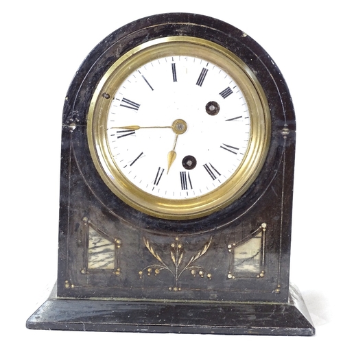 108 - A marble and slate-cased dome-top mantel clock, white enamel dial, key but no pendulum, height 20cm ... 