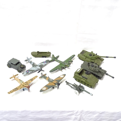 111 - A group of military Dinky toy vehicles, including planes, Chieftain tank, Spitfire etc