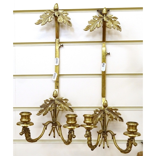 116 - A pair of brass extending wall candle sconces, unextended height 42cm