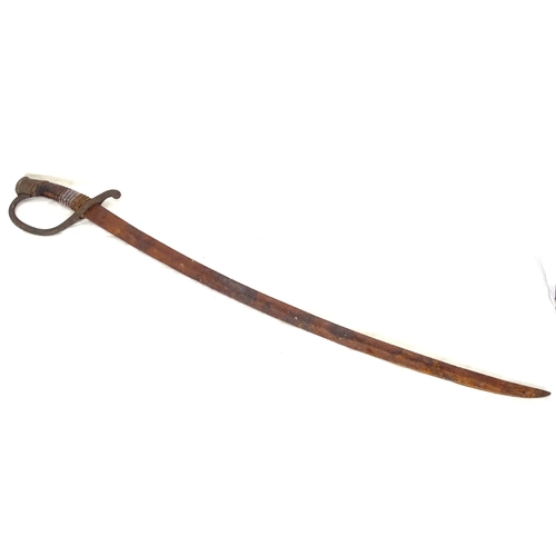 77 - A 19th century curved short sword, wood grips, serial no. stamped on crossguard, blade length 74cm