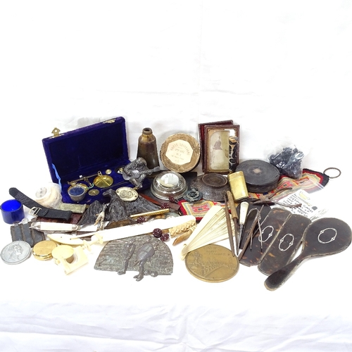 98 - Various collectables, including tortoiseshell dressing table mounts, silver watch case, carved stone... 