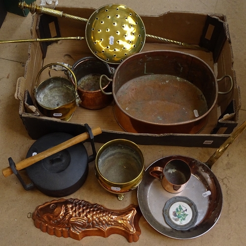 342 - Various brass and copper, including chestnut roasting pan, fish jelly mould, pans etc