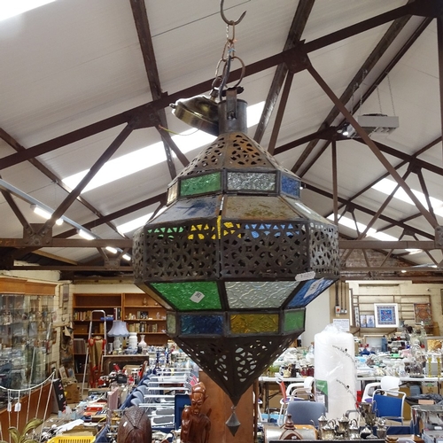 355 - A Moroccan painted metal and coloured glass panel hanging lightshade, height 55cm