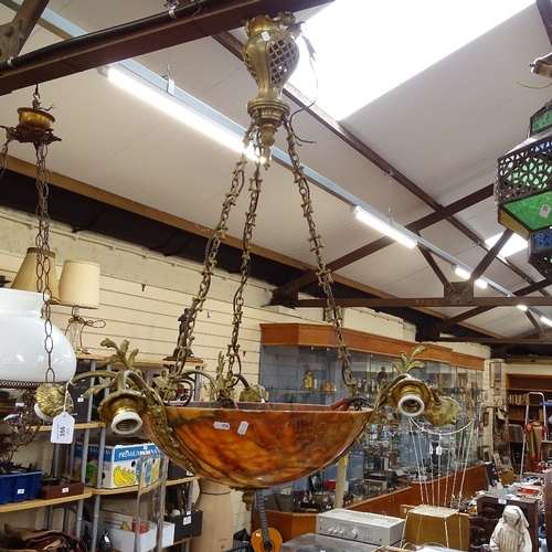 356 - A large cast-brass domed marble ceiling light fitting, overall height 95cm