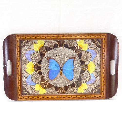 364 - An inlaid butterfly wing panel tea tray, length 48cm