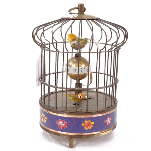 370 - A late 20th century clockwork bird cage automaton clock, cloisonne enamelled copper waist, overall h... 