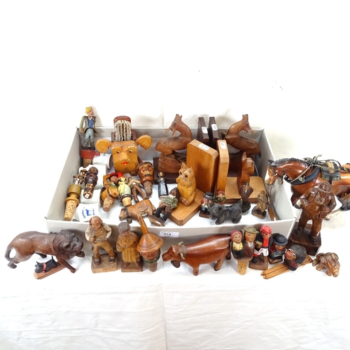 374 - Various Tyrolean wood carvings, including moving wine corks, bookends etc