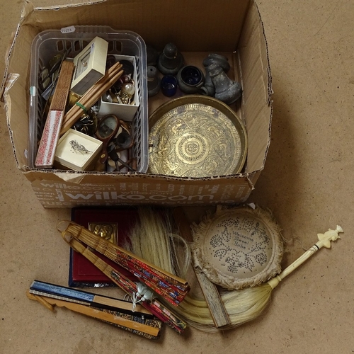 378 - Various costume jewellery, Oriental fans, pewter cruets etc