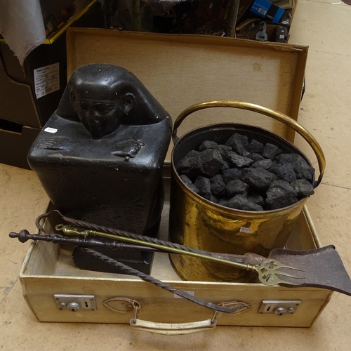 383 - Brass fireside items, including coal bucket, instruments etc