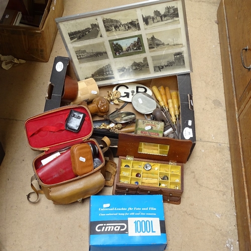 386 - A large Ausonia kitchen knife, a Vintage camera tripod, chisels, framed local postcards, camera equi... 