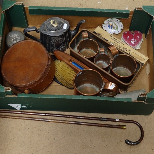 388 - A silver-mounted bamboo walking cane, a graduated set of copper measures, a leather collar box etc