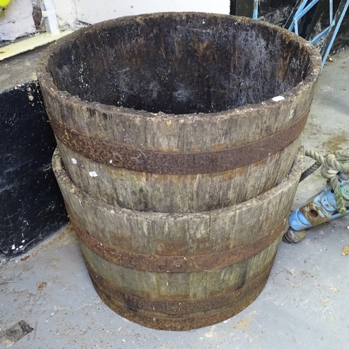 1441 - A pair of coopered half barrel planters, W62cm