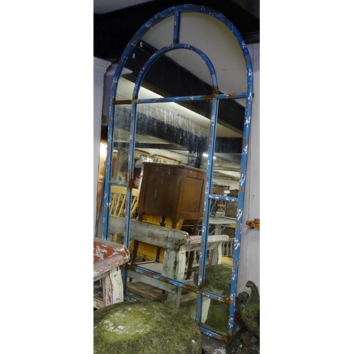 1449 - A Victorian painted metal-framed arch-top mirrored panel, W92cm, H162cm