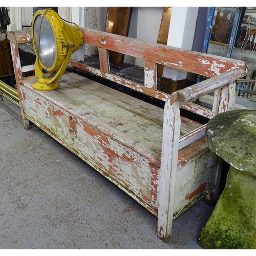 1450 - An Antique weathered and painted pine Continental settle, L199cm