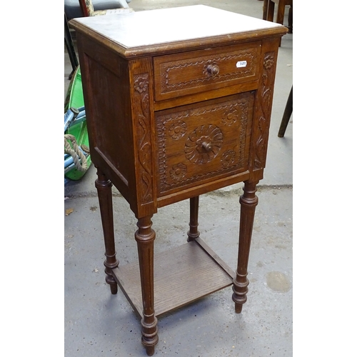 1451 - A French marble-top and chip carved pot cupboard, W37cm, H86cm