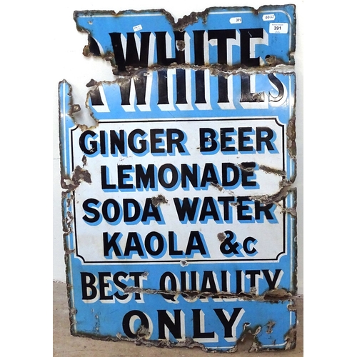 391 - A Vintage White's Ginger Beer and Lemonade blue white and black enamel advertising sign, height 76cm... 