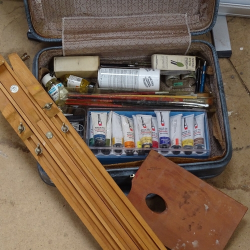 413 - Various artist's equipment, including Winsor & Newton folding easel, Rowney oil paints, brushes etc